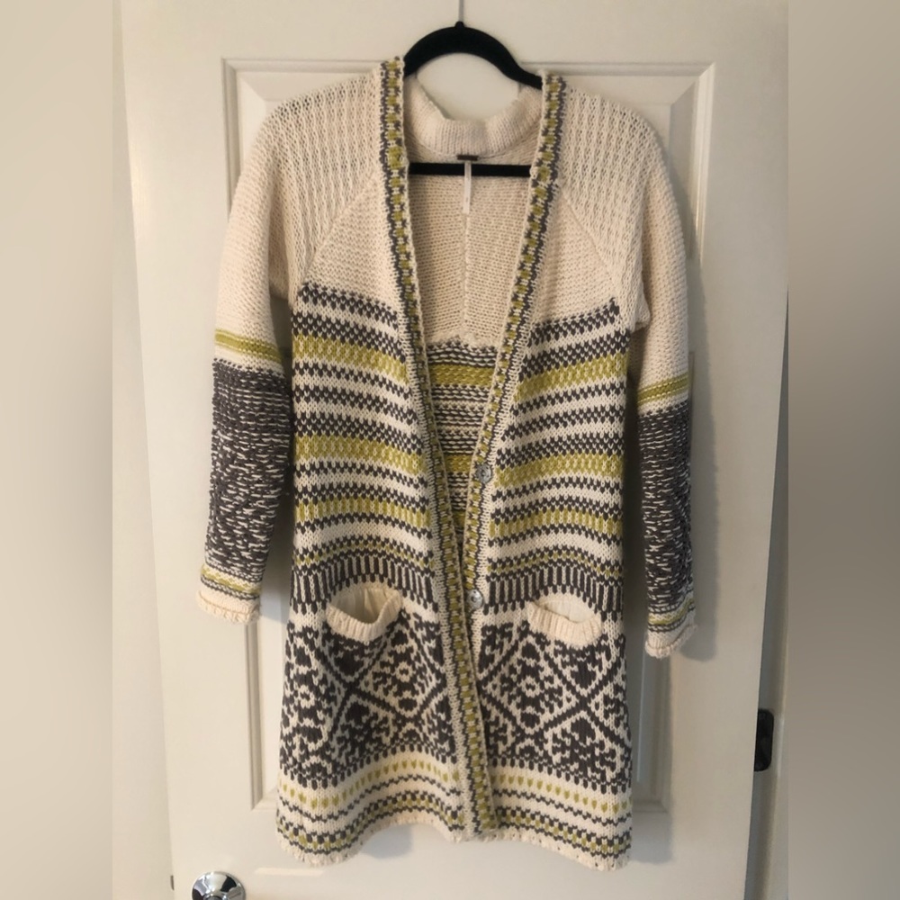 Free People Cozy Cardigan Sweater, Cream With Gray And Lime Green size Small